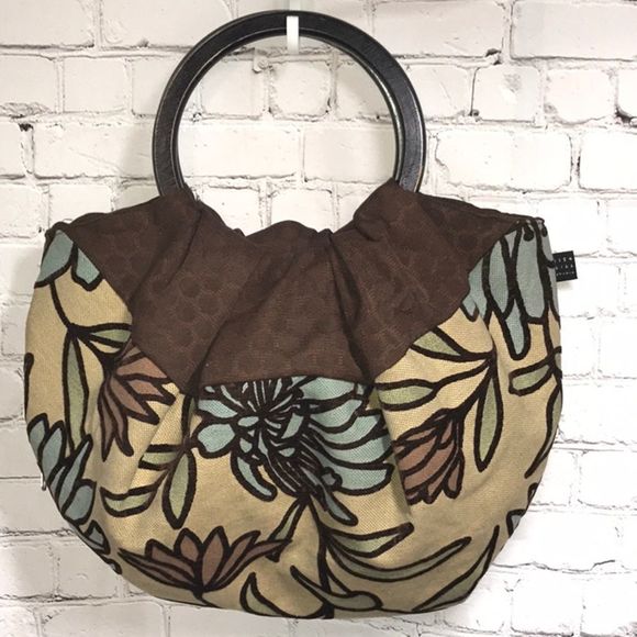 Lisa Lill Embroidery Handbag W/Wooden Handle Browns and blues - Picture 2 of 9